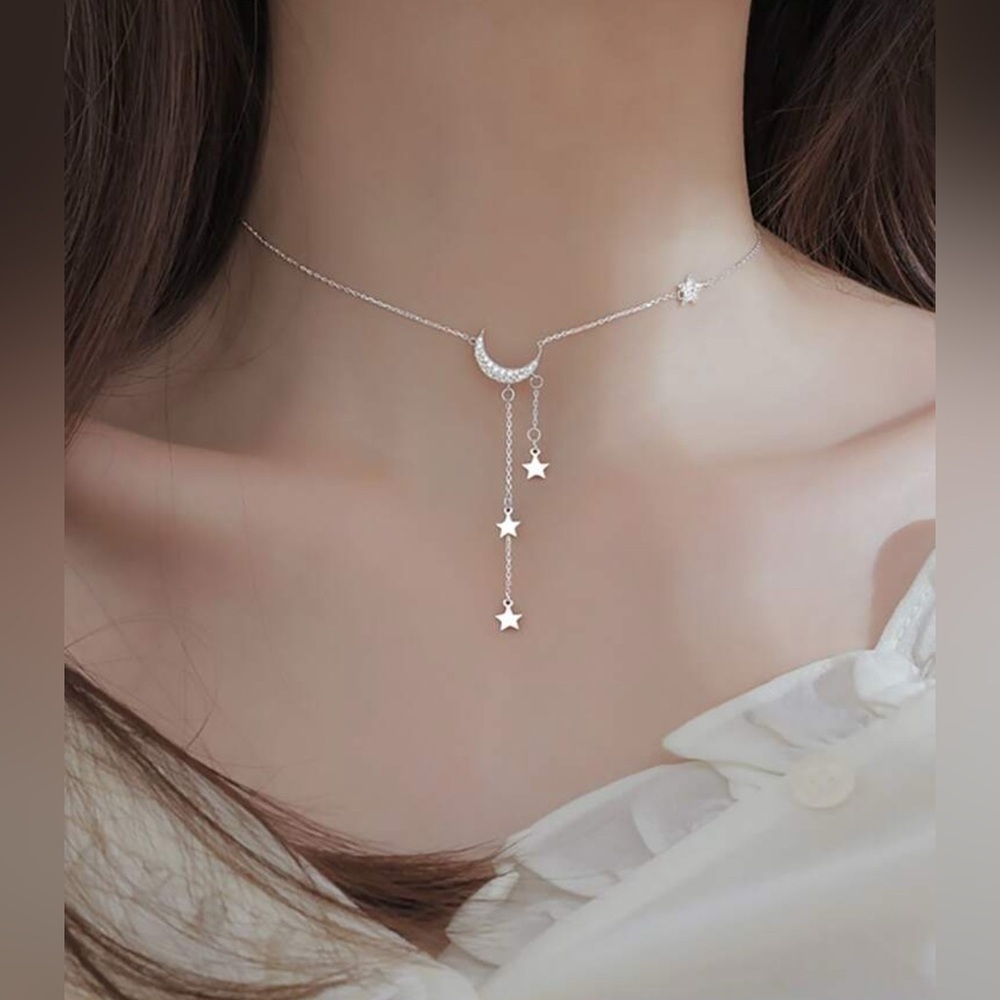 Elegant Silver Moon and Star Necklace - Picture 2 of 3